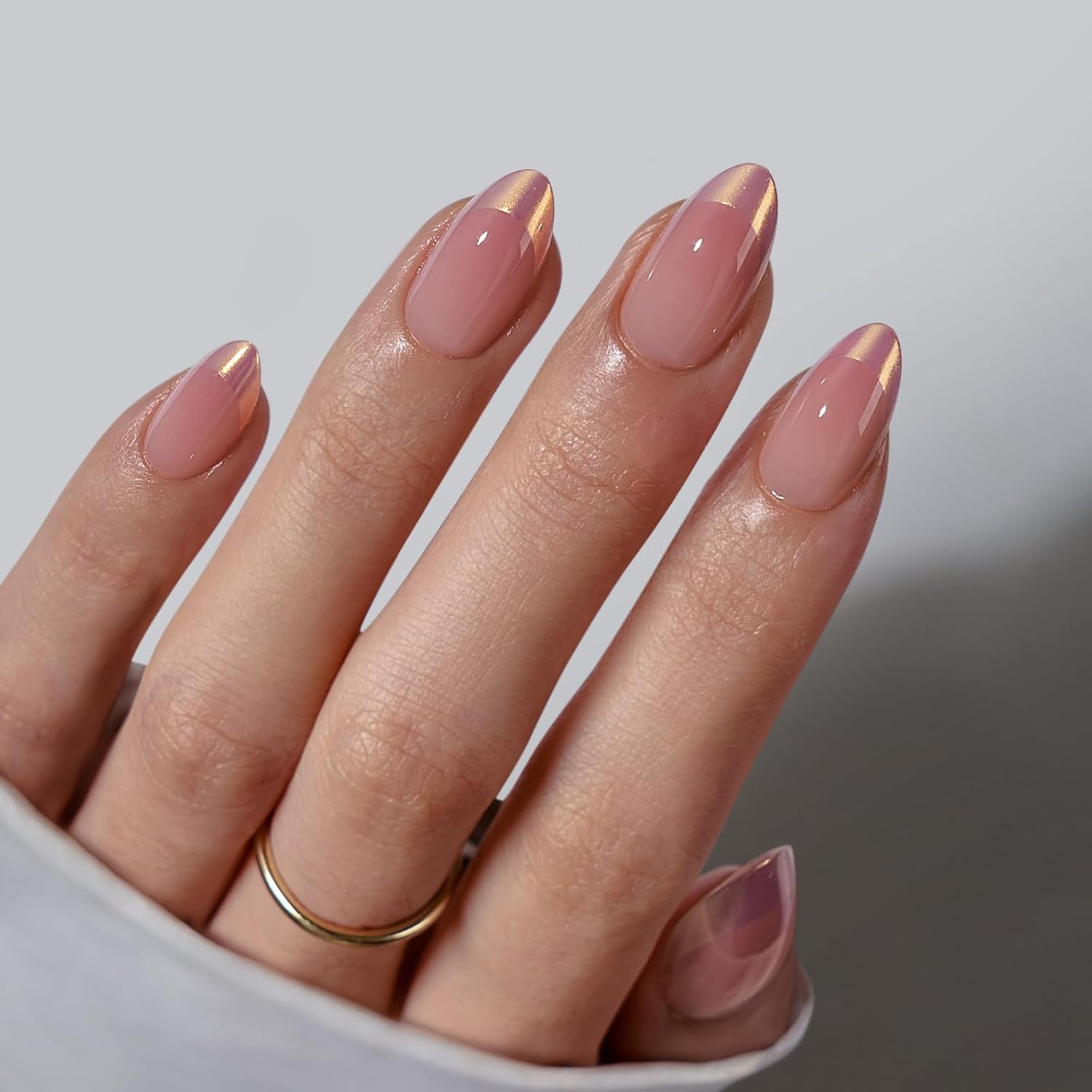 Chrome French Tip Almond Press на пазногці з клеем для жанчын